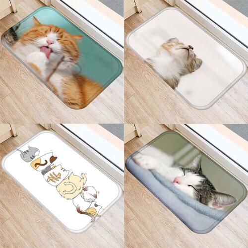 Anti-Slip Flannel Carpet Door Mat Cute Cat Pattern Easy Clean Doormat Outdoor Kitchen Living Room Floor Rug 1pc 40*60cm
