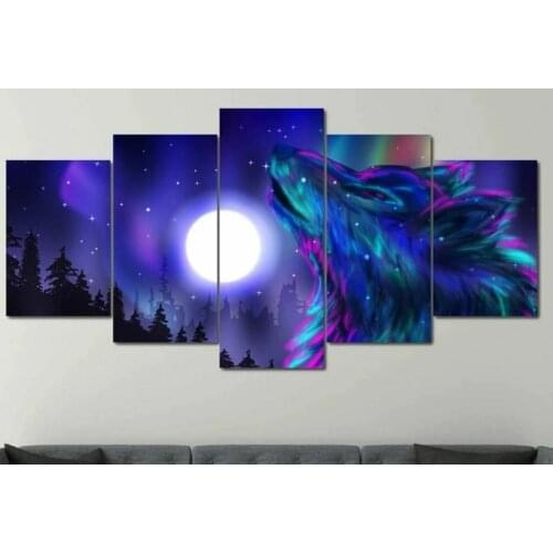 Psychedelic Wolf Abstract 5 Panels Canvas Wall Art Cuadros Print Canvas Painting Wall Decor for Living Room Poster No Framed