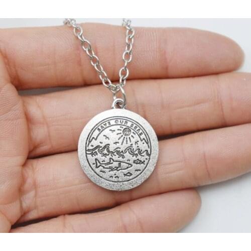 Carved Save Our Seas Ocean Wave Pendant Necklace Environmentalism Jewelry