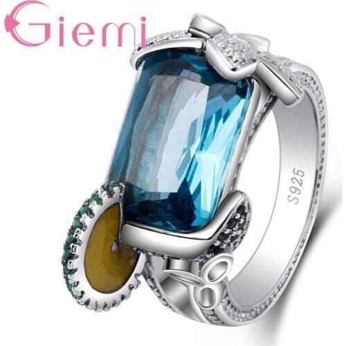 Luxry Elegant 925 Sterling Silver Jewelry for Women Femme Sparkly Blue Crystal Rings Unique Type Hot Party Accessories