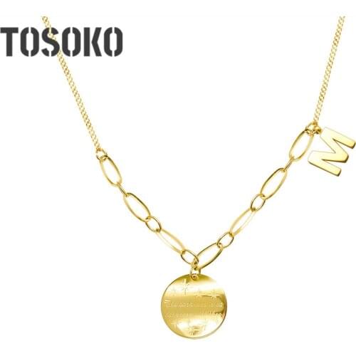 TOSOKO Stainless Steel Jewelry Wavy Round Star M Letter Pendant Necklace Womens Fashion Clavicle Chain BSP558
