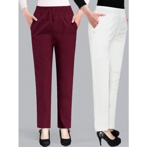 Middle Aged And Old Women Spring White Casual Pants Elastic Waist Straight Pants Mother Ankle-Length Trousers Plus Size XL- 5XL