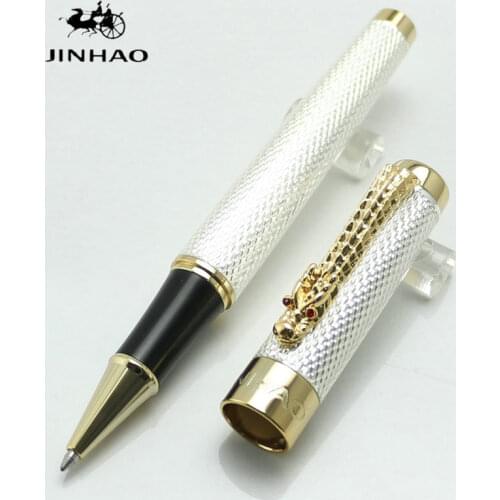 JINHAO 1200 Vintage Luxurious Rollerball Pen Beautiful Ripple with Dragon Clip, Golden/Silver Metal Carving Ink Pens Collection