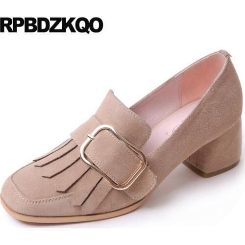 High Heels Square Toe Fringe Metal Office Shoes Women Nude Medium 2017 Thick Pumps Retro Size 4 34 Suede Autumn China Fashion
