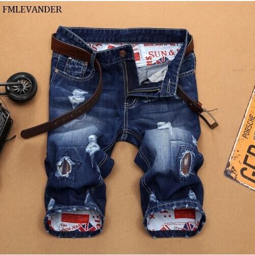 High Quality Ripped Denim Knee Length Short Men Jeans Straight Pants Men Jeans