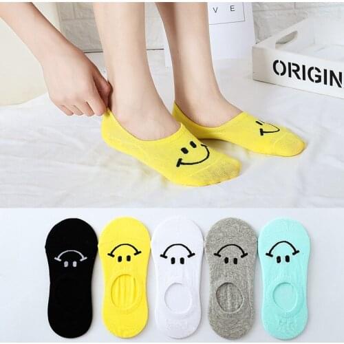 Smiling Face Womens Invisible Socks Summer Hot Cotton With Silicone Shallow Female