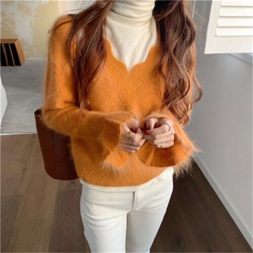 Cashmere Women Sweater Korean Casual Solid Color Flare Sleeve Sweaters Female All-matched Pullover Jumper 2021 Winter