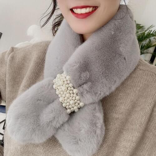 Women Solid Color Warm Faux Pearl Imitation Rabbit Fur Neck Scarf Warmer Wrap Winter Women Soft Scarf For Women