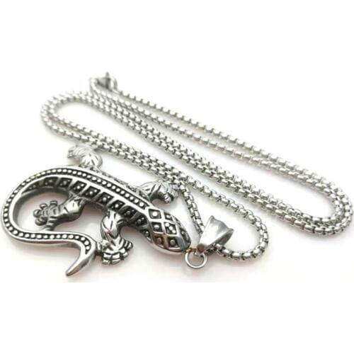 Retro Punk Stainless Steel Gecko Pendants Silver color Lizard Box Chain Necklace Choker Jewelry for Women Men Accessories