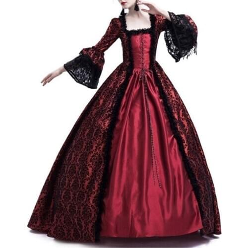 HOT SALES！！！New Arrival Vintage Women Medieval Gothic Square Neck Flare Sleeve Lace Patchwork Maxi Dress Wholesale Dropshipping