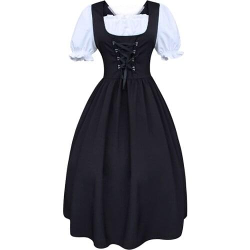 Medieval Ladies Retro Dress Bowknot Black Short Sleeve Drawstring High Waist Slim Fit Costume Girls Cosplay Sweet Dress