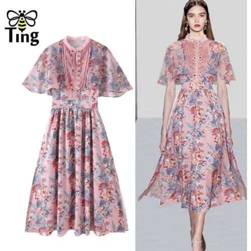 Tingfly Vintage Elegant Luxury Crystal Button Women Summer Pink Floral Midi Long Dress Runway Chic A Line Robes Frocks for Women