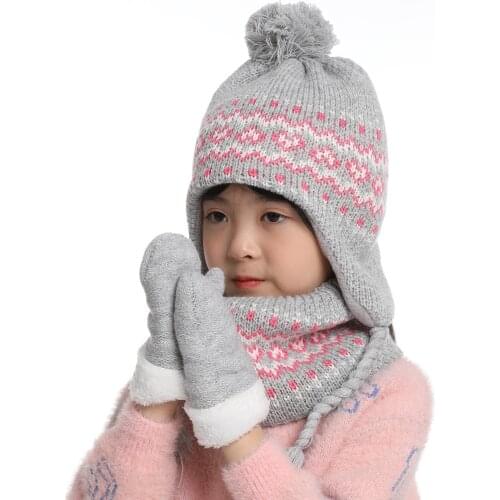 Winter Hat Scarf Gloves Set Boy Earflap Beanie Pompom Fleece Warm Autumn Girl Skiing Outdoor Thermal Accessory For Toddler Baby