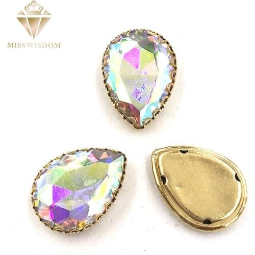 10X14/13x18mm AB color water drop gold bottom lacy shape claws glass crystal sew on rhinestones Diy clothing accessories