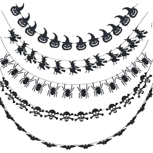 12flags/pcs Halloween Black Paper Flag Pull Bat Witch Pumpkin Spider Skull Banner Halloween Party Hanging Atmosphere Decoration