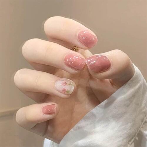 24pcs Pink Flower Design Wear Short Paragraph Fashion Manicure Patch False Nails Save Time Wearable Nail Patch NE