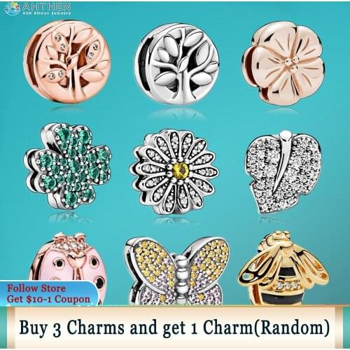 Ahthen 925 Sterling Silver Bee Leaf Tree Polished Daisy Flower Butterfly Clip Charms fit Original Pandora Reflexions Bracelets