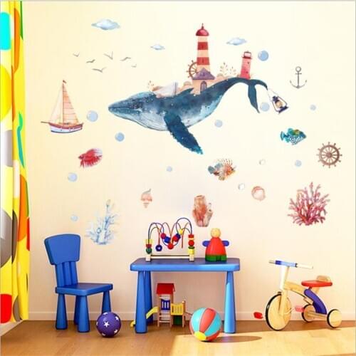 Large Underwater World Whale City Stickers Watercolor Wall Sticker For Glass Window Bathroom Decals Home Decor Mural 60*90cm