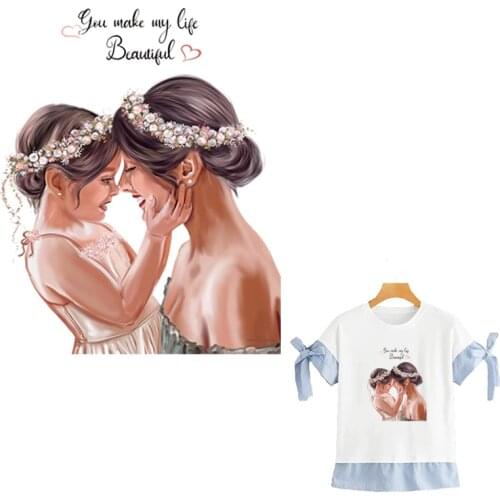 Iron On Transfer Beautiful Mom And Girl Pattern A-Level Washable Diy Hoodies Tops Vinyl Thermal Press Flower Patch