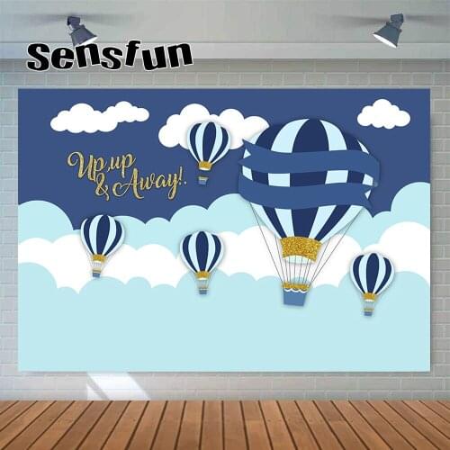Sensfun Sky Blue Hot Air Balloons Backdrop Boys Baby Shower Newborn Baptism 1st Birthday Party Photography Background Customized