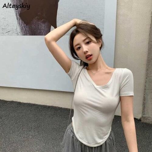 T-Shirts Women Solid Summer Hot Tees Sexy Ladies Tops Slim Harajuku All-match Fashion Simple College Vintage Ulzzang Cozy Soft