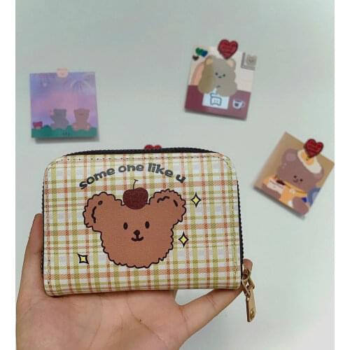 2021 New Korean Female Ins Girls Style Cute Cherry Bear Plaid Leather Card Bag Coin Purse Cosmetic Bag Money Case Coin Purse