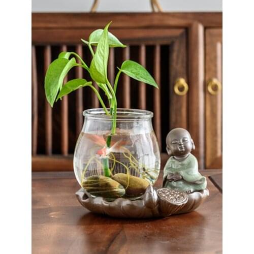 Creative Little Monk Ceramic Hydroponic Succulents Flower Glass Pot Vase Small Ornaments Geyao Tea Pet Teaware Home Decor Gifts