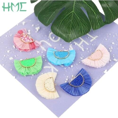 Handmade Lafite Grass Metal Ring Tassels Charm Fan Pendant For DIY Women Earring Necklace Jewelry Findings Making Accessories