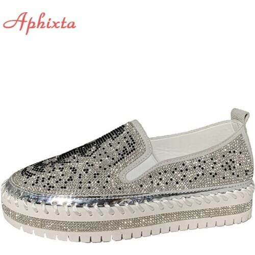 Aphixta 2020 Women Flats Crystal Ladies Glitter Bling Loafers Flat Platform Fashion Woman Moccasins Female Shoes Big Size 42 43