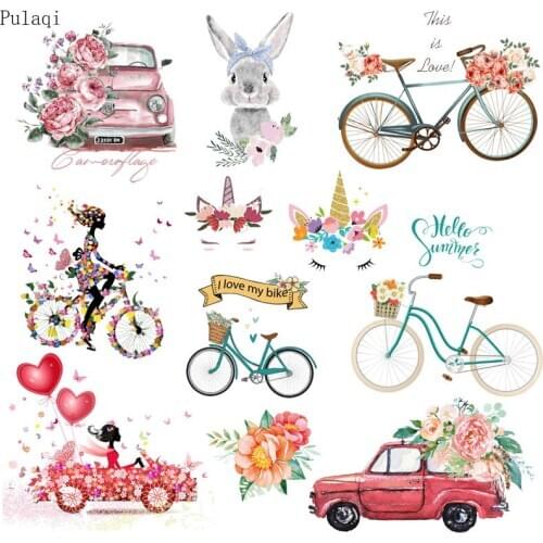 Cartoon bicycle flower thermal transfer patch DIY clothes stickers Unicorn Girl Patches Applique Heat Transfer Vinyl Patches