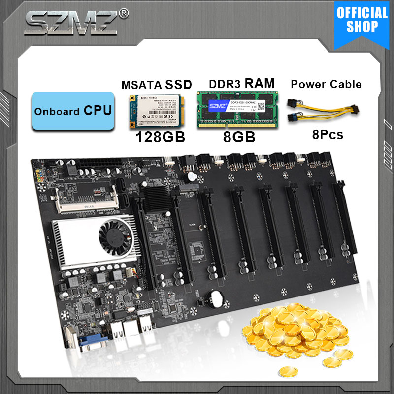 SZMZ Mining motherboard Set 8 GPU Crypto Etherum Mining Kit Combo with 8GB DDR3 1600MHz RAM 128GB mSATA SSD mine miner plate