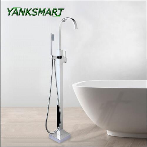YANKSMART Chrome Polished Solid Brass Bathtub Tap Swivel Spout Bathroom Tub Faucet Sets with Hand Shower Floor Standing