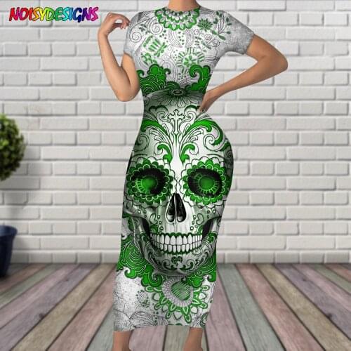 NOISYDESIGNS Summer Sexy Woman Cool Skull Printed Short Sleeve Dresses Green Streetwear Clothes For Fashion Womans Clothing New