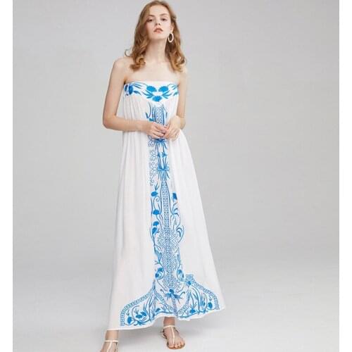 New summer holiday Bohemian beach dress blue and white porcelain embroidered one-word collar wrap chest long dress