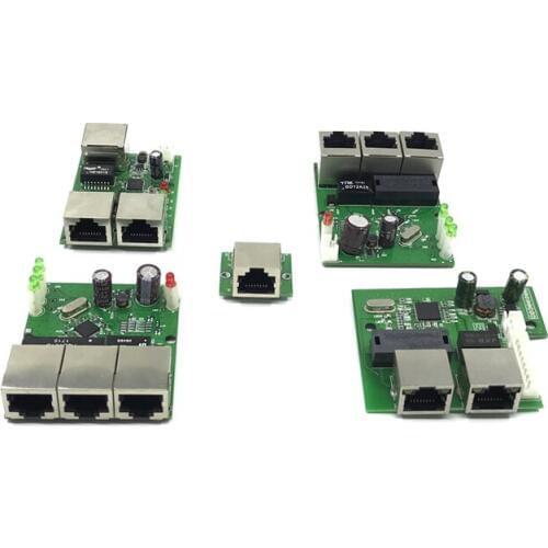OEM factory direct mini fast 10 / 100mbps 3-port Ethernet network lan hub switch board two-layer pcb 3 rj45 5V 12V head port