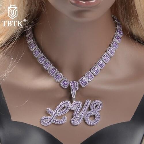 TBTK Custom Name Necklace Brush Script Bubble Letter Iced Out Purple CZ Name Plate Pendant Tennis Chain Hiphop Jewelry