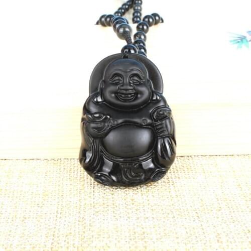 Drop Shipping Natural Black Obsidian Stone Carved Maitreya Smiley Buddha Amulet Pendant Necklace For Women Men Pendants Jewelry