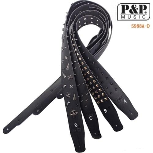 Adjustable Electric Guitar Strap Genuine Leather Metal Rivets Spike Studded Heavy Duty Belt Gothic Punky Cool Finish For Band