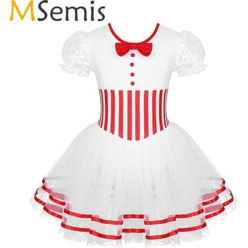 Toddler Girls Christmas Dance Costume Figure Ice Skating Roller Skating Short Lace Sleeves Stripe Mesh Tutu Ballet Leotard Dress