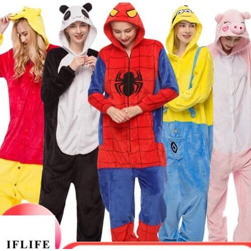 Adults Animal Pink Unicorn Pajamas Set Cartoon Kigurumi Women Men Winter Flannel Stitch Panda Pajamas unicornio Sleepwear