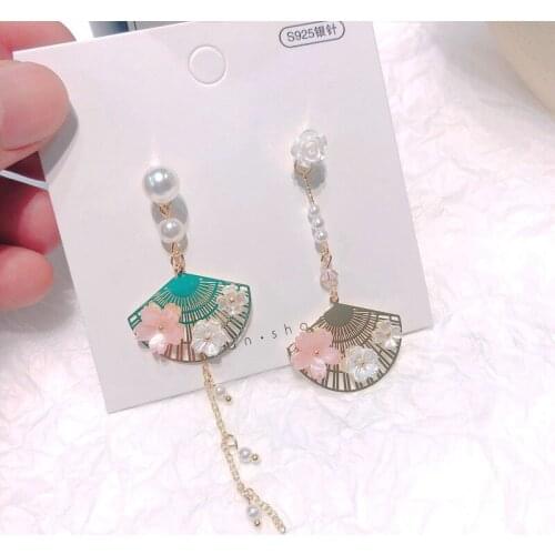 Earrings Womens earrings shell flower pearl earrings fan-shaped asymmetrical vintage earrings sakura earrings