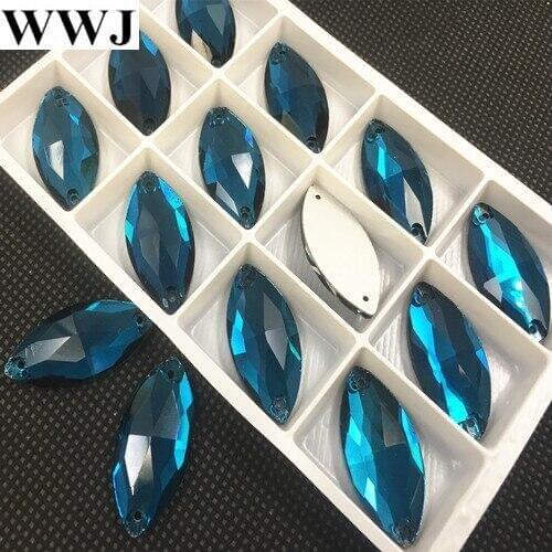 Blue Zircon Color Glass Crystal Navette Sew On Stone 13x22mm Marquise Shape Flat Back 2holes Sewing Jewelry Beads