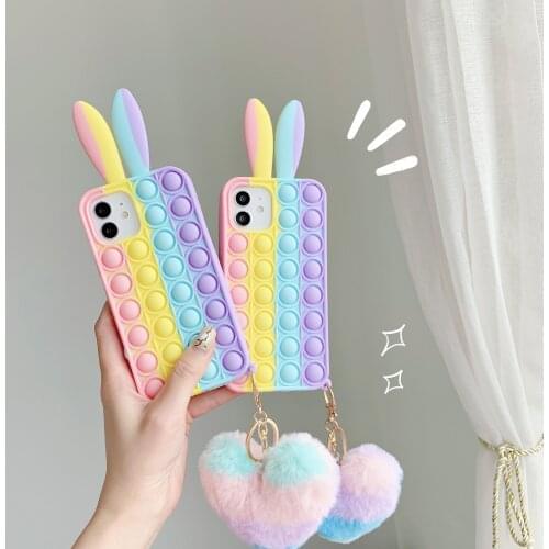 Stress Reliever 3D Raibbit Ear RainBow Bubble Beans Phone Case For iPhone 12 11Pro Max XR 7 8Plus Fidget Toy Tassel HairBall