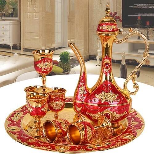 8Pcs/Set European Vintage Metal Wine Cup Kettle Tray Kit Wedding Home Gifts Set Hip Flasks Kettle Kit Metal Drinkware