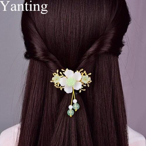 Yanting Custom Hair Clip Glass Glazed Flower Light Green Chalcedony Stone Head Jewelry Wedding Accessories Hair Jewelry 0167