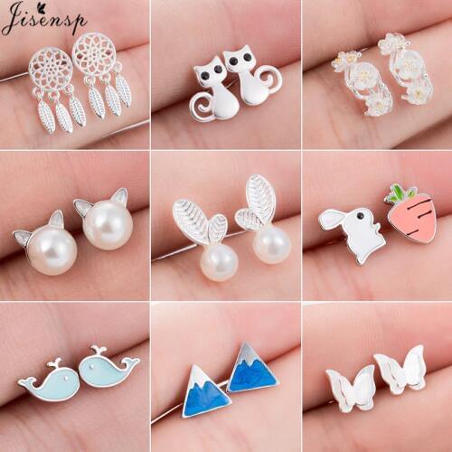 Jisensp Trendy Simulated Pearl Cat Stud Earrings for Women Minimalist Butterfly Whale Triangle Earings Jewelry Girls Party Brinc