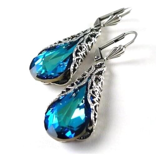 Vintage Blue Rhinestone Waterdrop Drop Earrings for Women Wedding Engagement Crystal Dangle Earring Boho Jewelry 2021