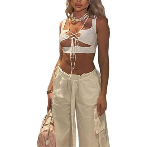 2021 Fashion Trend Women’s Solid Color Vest Sexy V-neck Hollow Bandage Exposed Navel Sleeveless Tops Crop Tanks for Summer