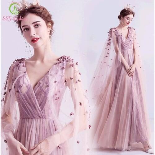 SSYFashion New Sweet Pink Flower Evening Dress V-neck A-line Floor-length Long Prom Formal Gowns for Women Vestidos De Fiesta