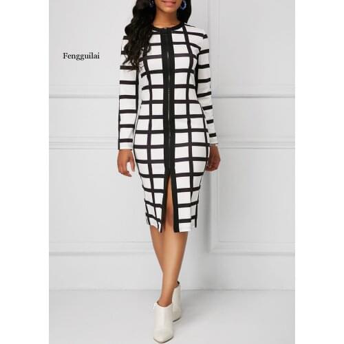 2020 Plus Size Fashion Women Dress 5xl New Autumn And Winter Dress Casual Black And White Plaid Zipper Slim Office Tight Dress
